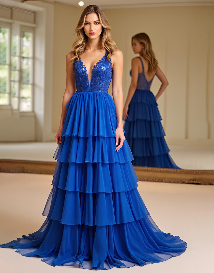 Sparkly Royal Blue A Line V Neck Tiered Long Chiffon Prom Dress with Embroidery