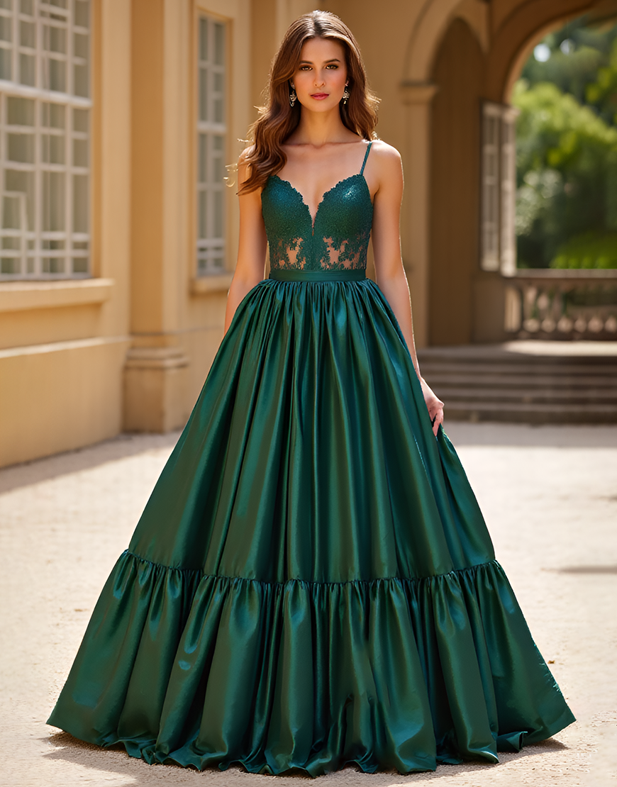 Ball Gown Dark Green Spaghetti Straps Lace Long Prom Dress
