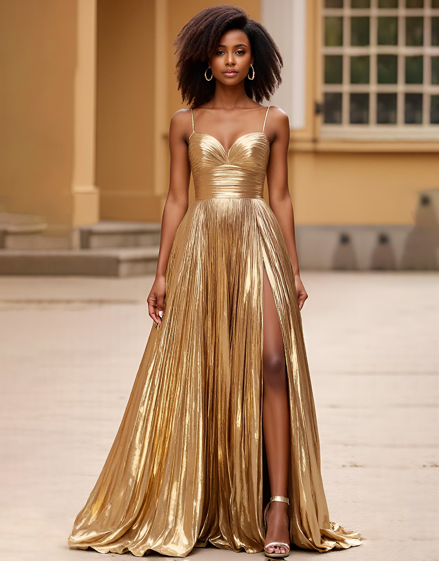 Sparkly Glitter Gold Spaghetti Straps A Line Long Prom Dress with Slit