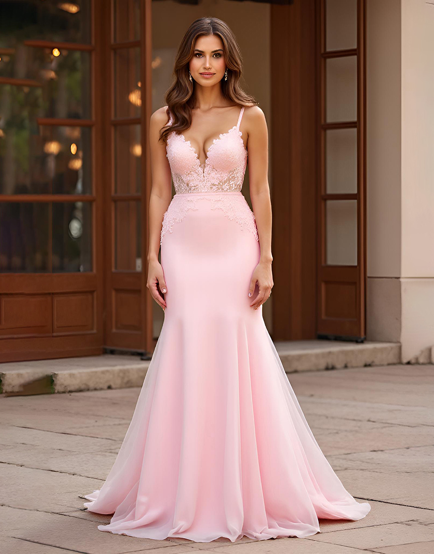 Pink Mermaid Lace Spaghetti Straps Long Prom Dress with Appliques