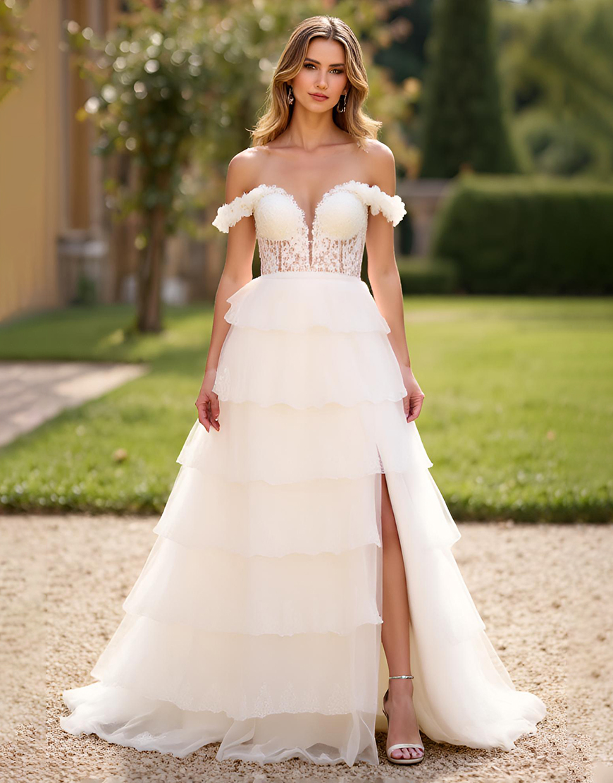 White A Line Off the Shoulder Lace Tiered Long Prom Dress with Slit