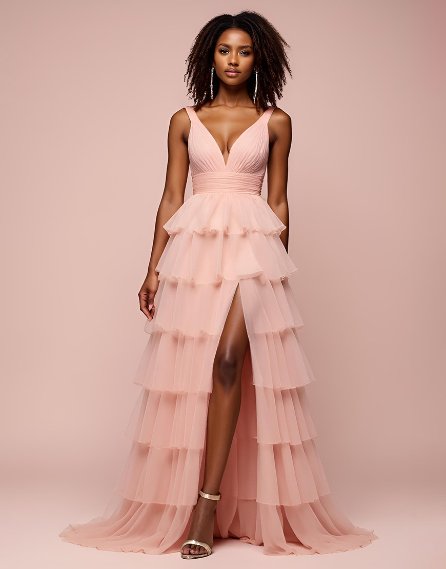 Pink A Line Deep V-Neck Tiered Long Prom Dress with Slit