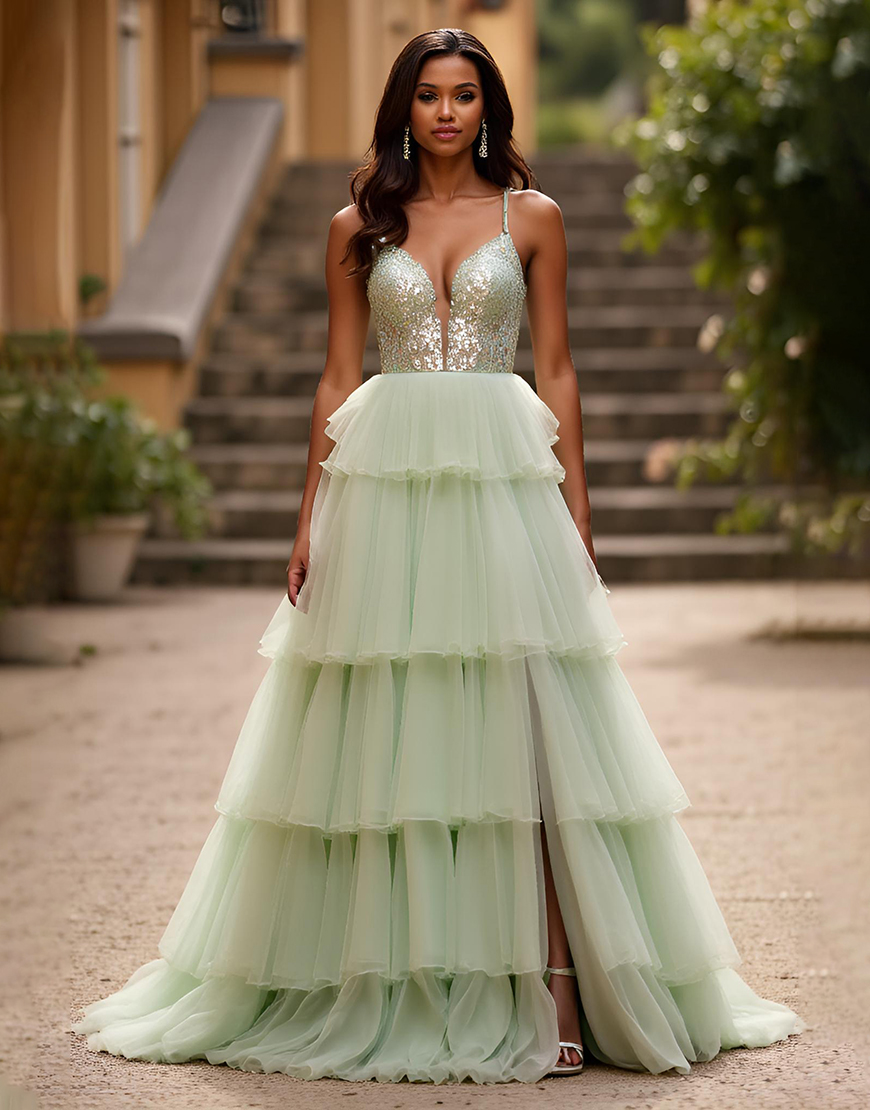 Sparkly Light Green Spaghetti Straps Tulle Tiered A Line Long Prom Dress with Slit