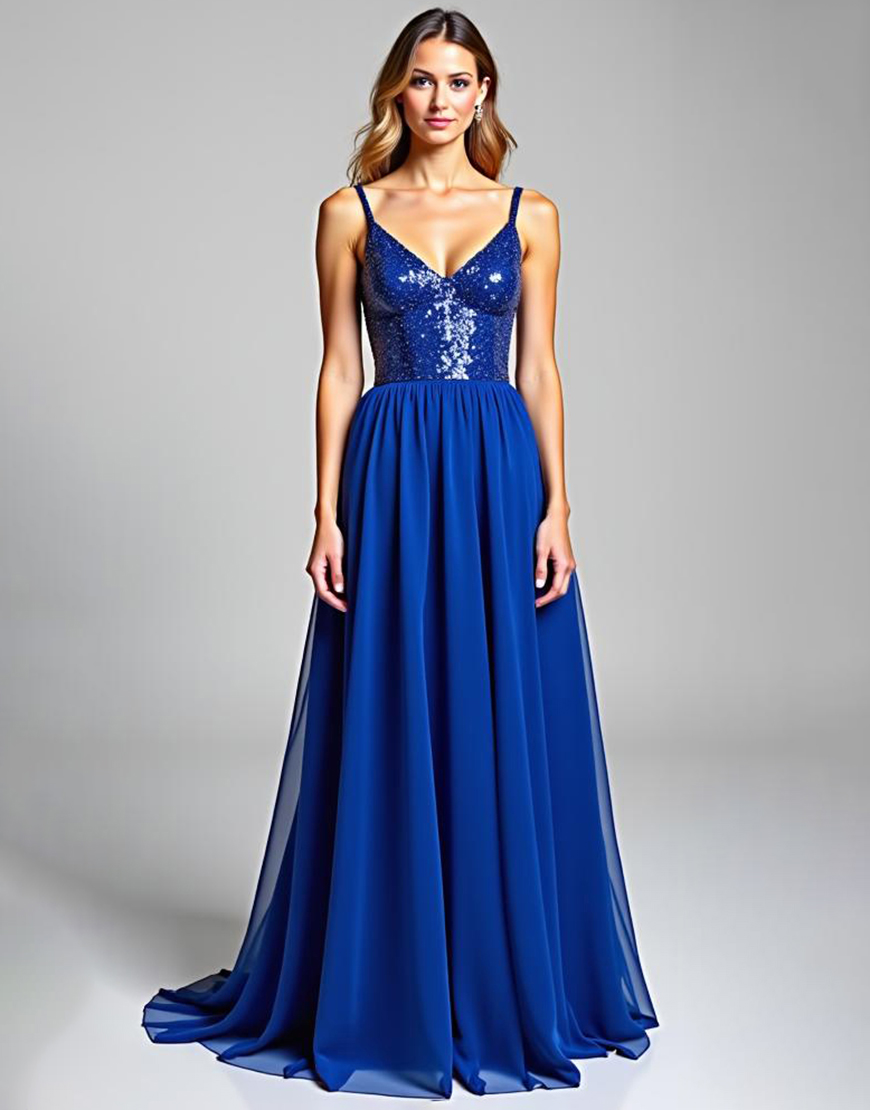Sparkly Royal Blue Chiffon Spaghetti Straps A Line Long Prom Dress with Sequin