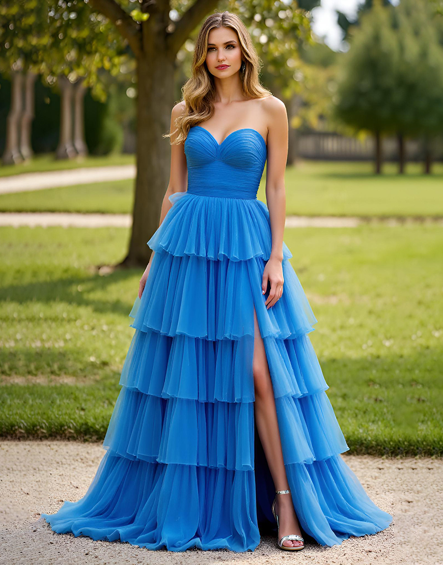 Blue A Line Sweetheart Tiered Long Tulle Prom Dress with Slit
