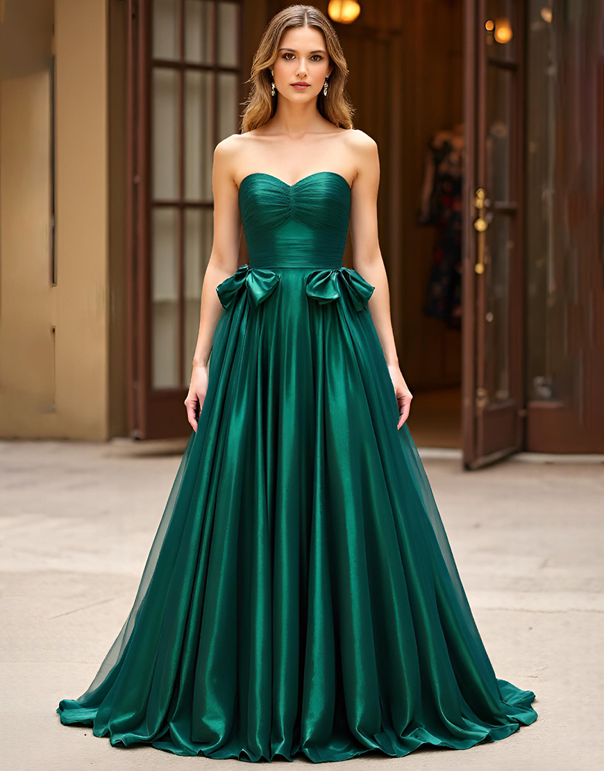 Dark Green A Line Sweetheart Ruched Satin Long Prom Dress with Bow