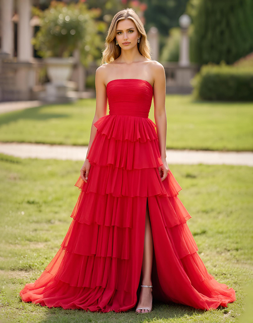 Red A Line Strapless Tiered Long Prom Dress with Slit