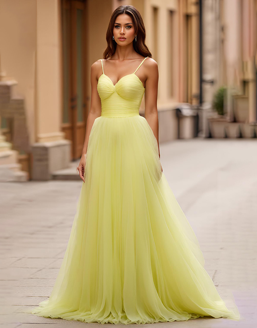 A Line Yellow Spaghetti Straps Ruched Tulle Long Prom Dress