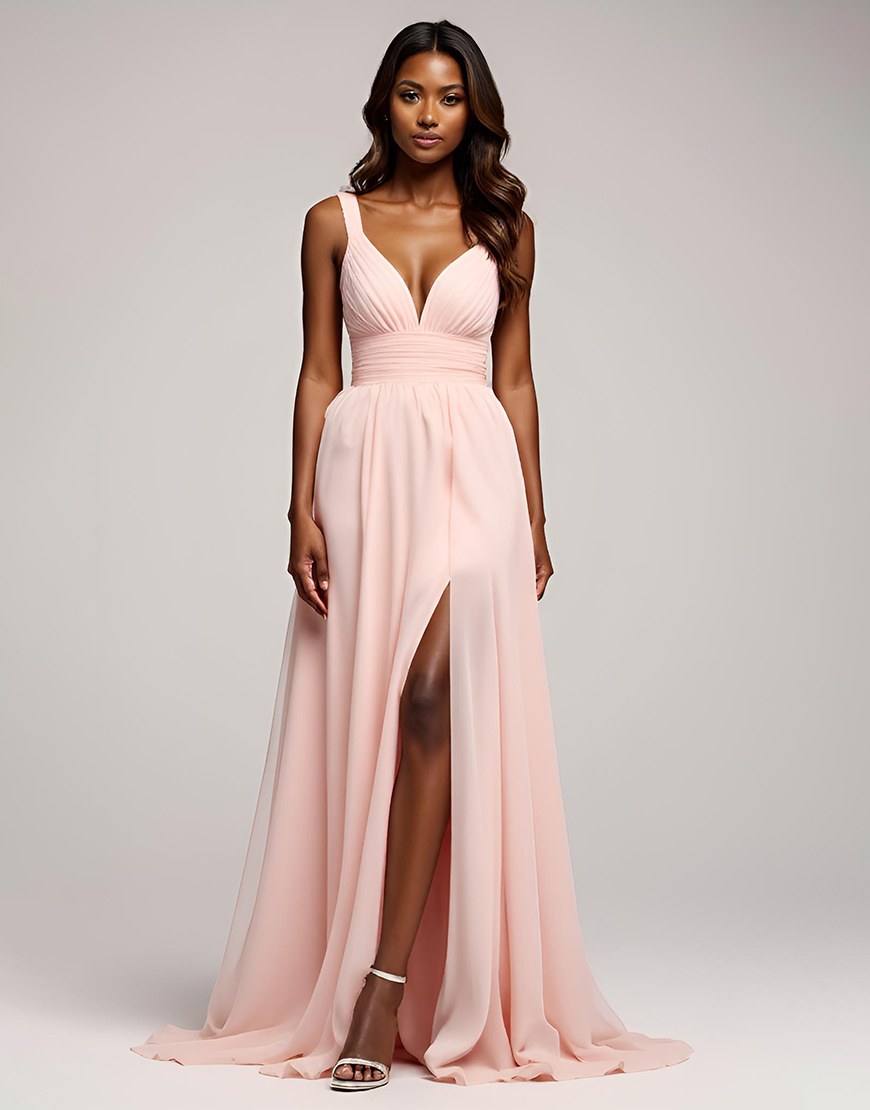 Pink Deep V-Neck A Line Chiffon Long Prom Dress with Slit