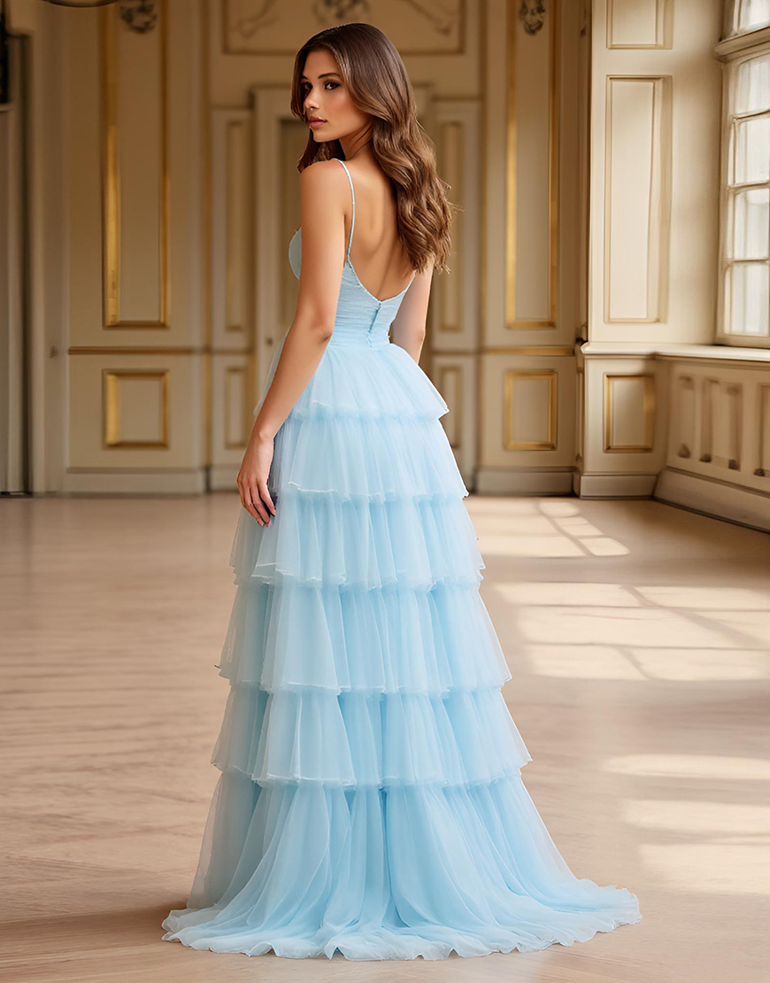 Sky Blue A Line Tiered Spaghetti Straps Long Prom Dress with Slit