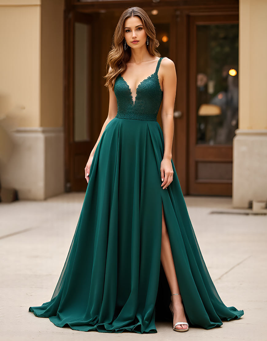 Dark Green Spaghetti Straps Lace Long Prom Dress with Slit