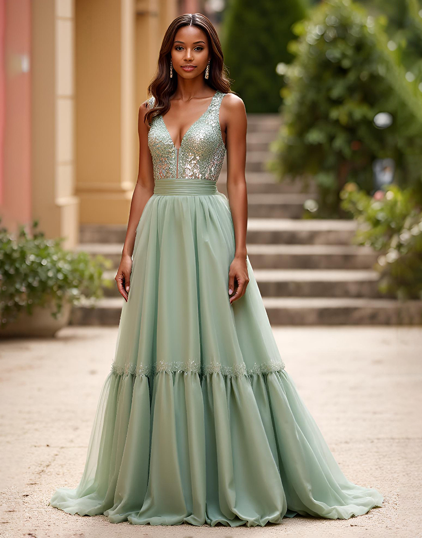 Sparkly A Line Dusty Sage V-Neck Ruched Long Prom Dress with Sequin
