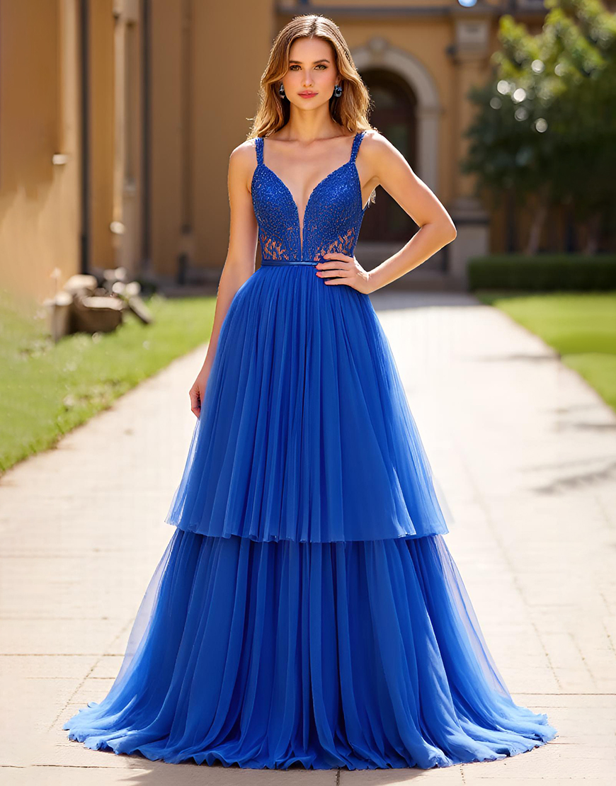 Sparkly Royal Blue Spaghetti Straps Lace A Line Tulle Long Prom Dress with Sequin