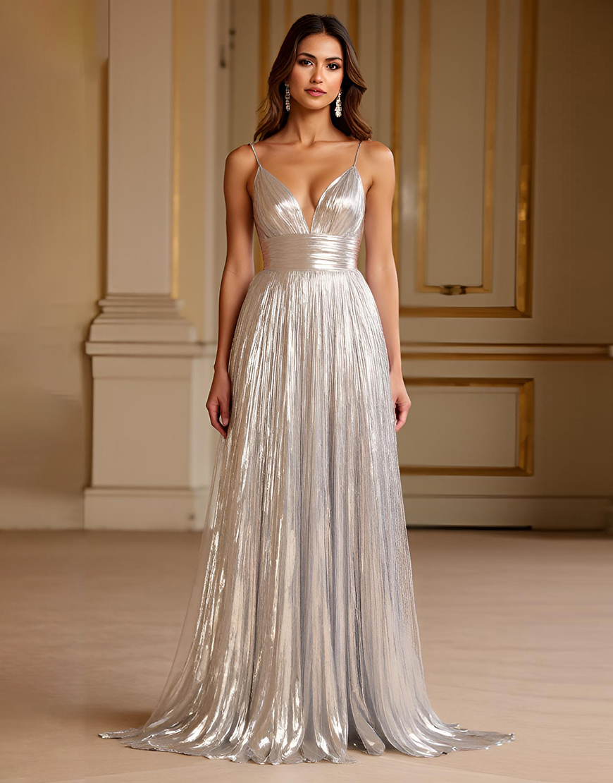 Silver A Line Glitter Deep V-Neck Pleated Long Prom Dress