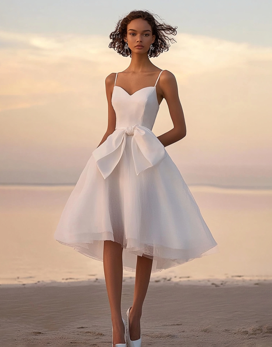 White A-Line Spaghetti Straps Tulle Knee Length Graduation Dress with Bow