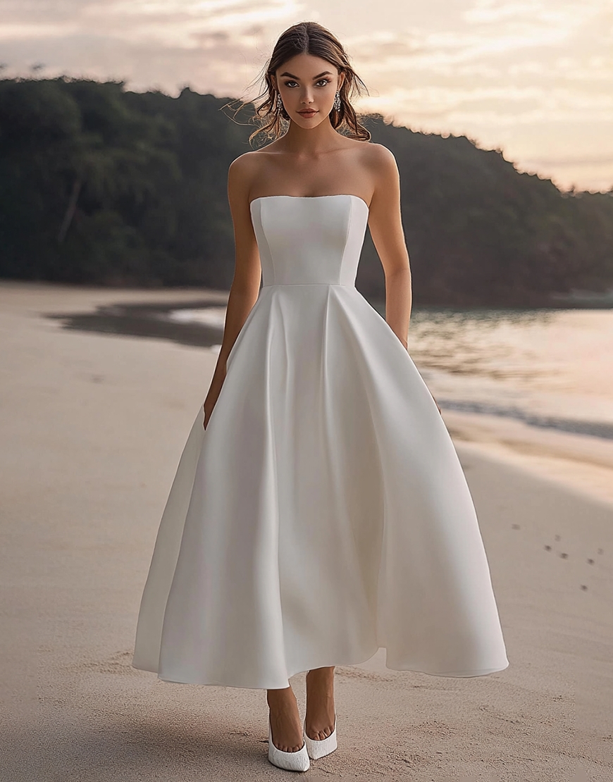 White A Line Strapless Satin Long Graduation Dress