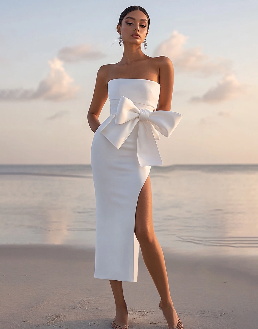 White Sheath Satin Strapless Bowknot Long Graduation Dress with Slit