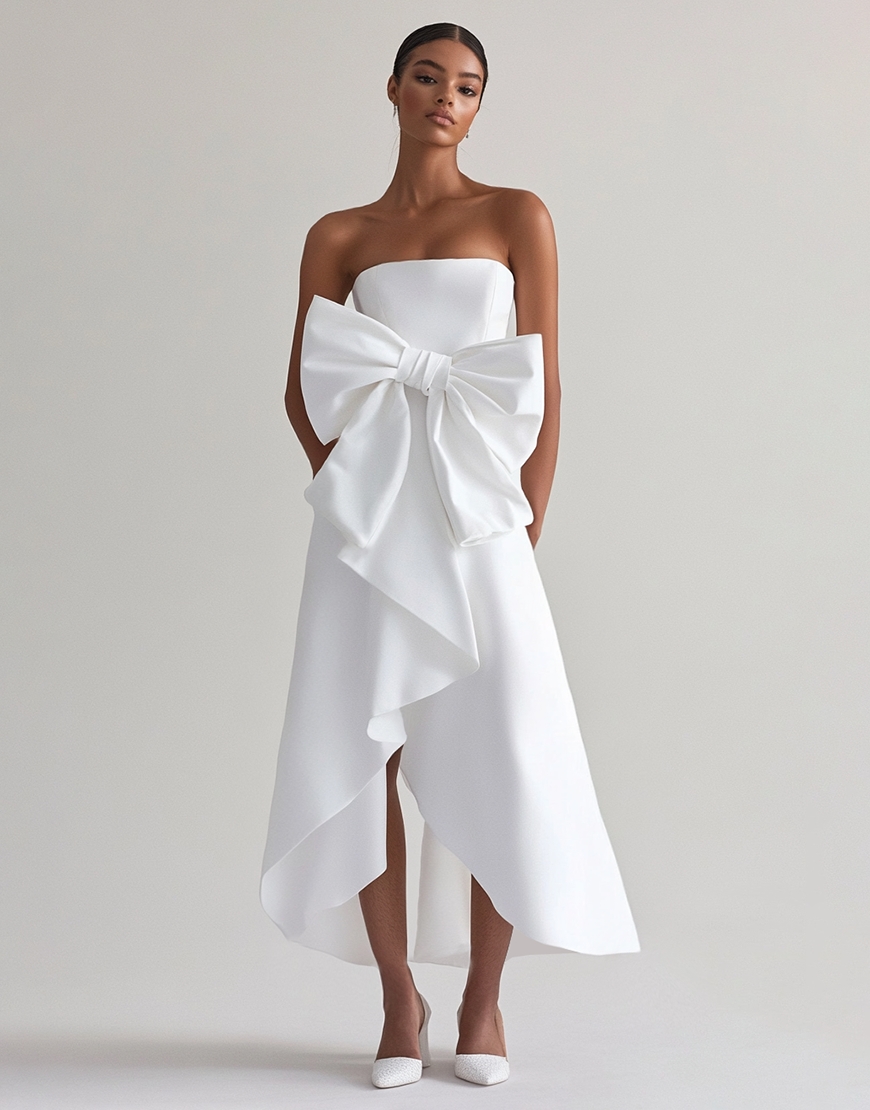 White A Line Satin Strapless Ruffle Long Graduation Dress with Bow