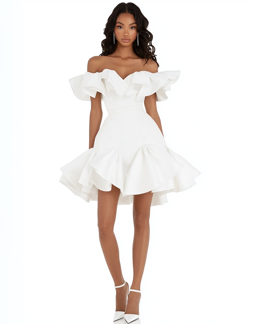 White A-Line Ruffled Off the Shoulder Satin Short Graduation Dress