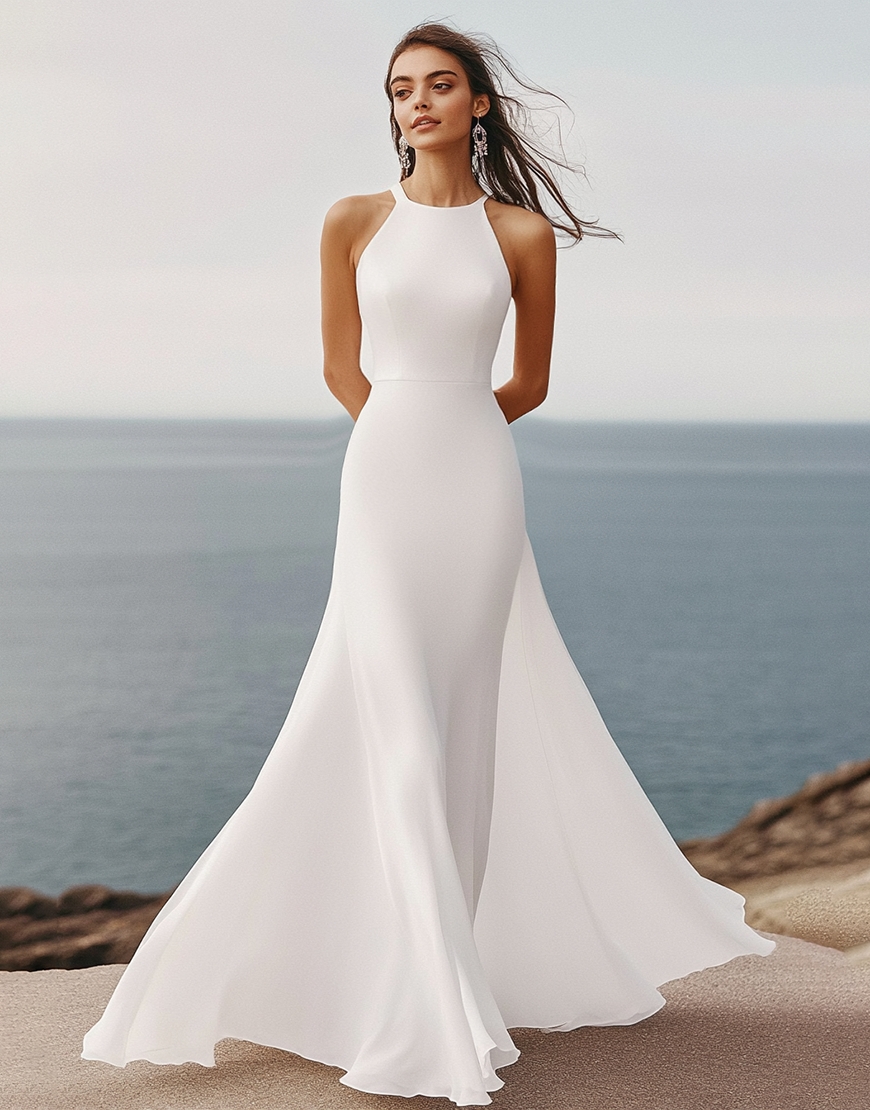 White Sheath Halter Sleeveless Satin Long Graduation Dress 
