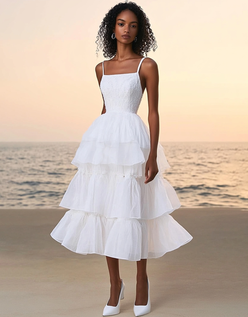 White A-Line Spaghetti Straps Ruffles Long Graduation Dress
