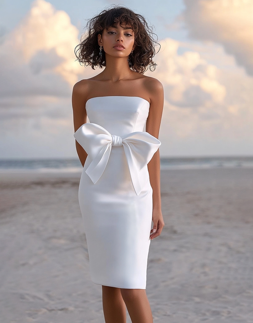 White Sheath Strapless Satin Short Graduation Dress with Bow