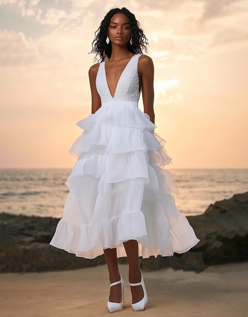 White A Line Tulle Ruffles Deep V Neck Tulle Long Graduation Dress