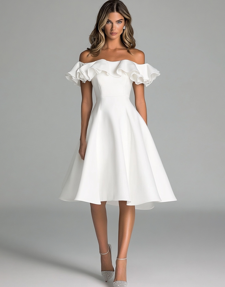 A Line Satin Off the Shoulder Little White Graduation Dress with Ruffles