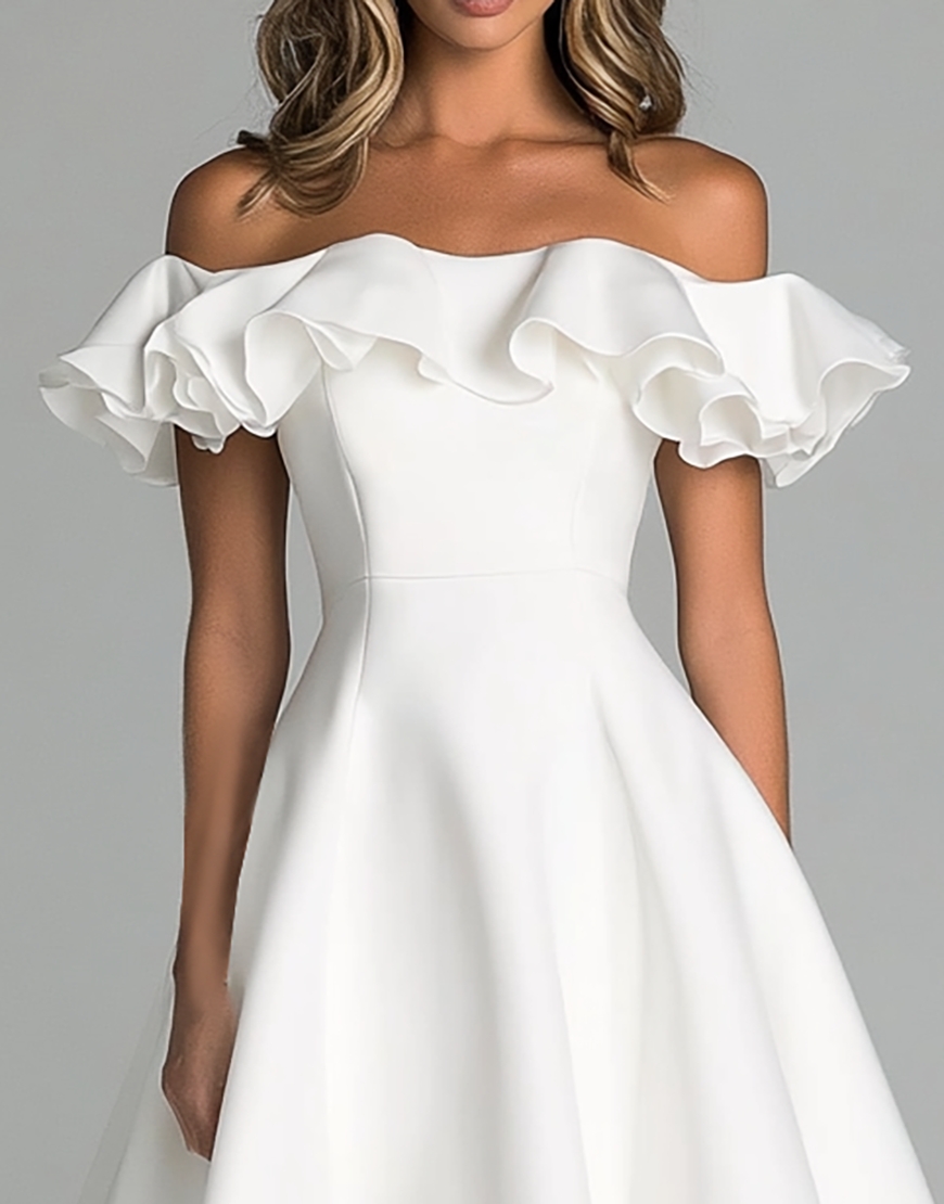 A Line Satin Off the Shoulder Little White Graduation Dress with Ruffles