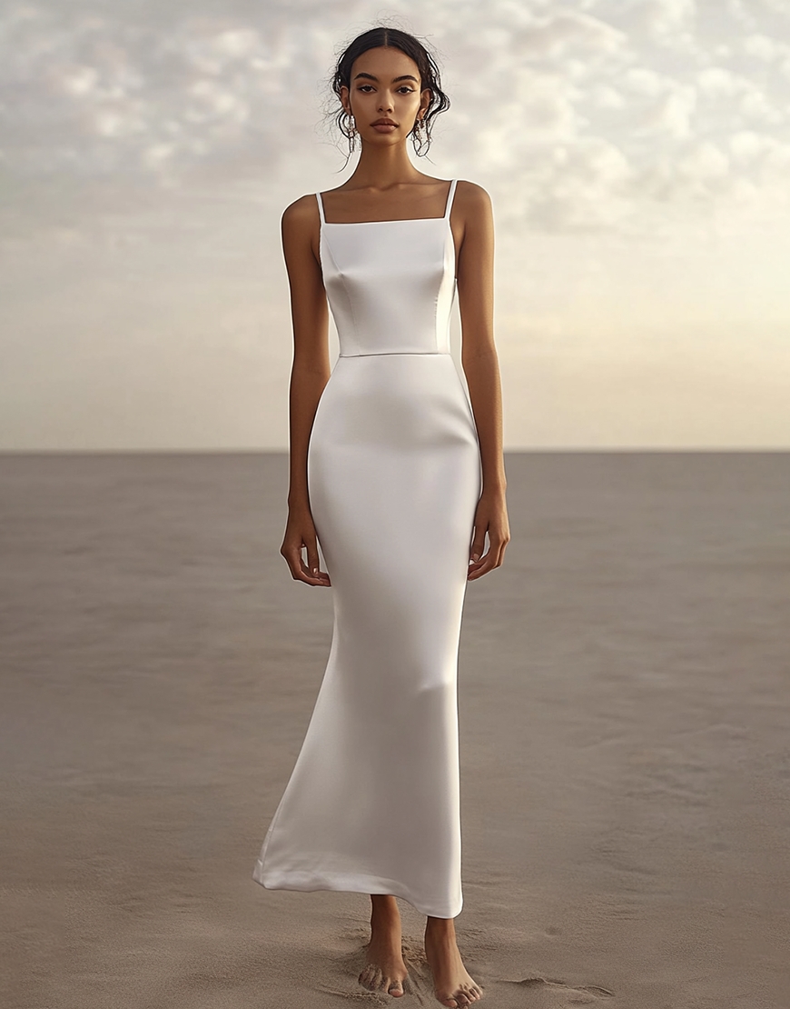White Sheath Satin Spaghetti Straps Long Graduation Dress