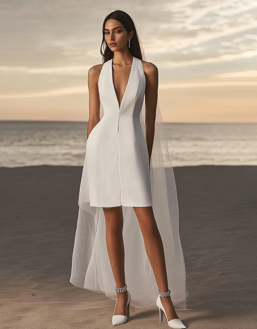 Sheath Satin Deep V-Neck Little White Graduation Dress with Cape