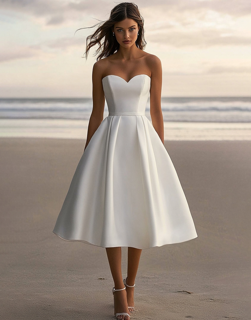 A Line Satin Strapless Tea Length Little White Graduation Dress