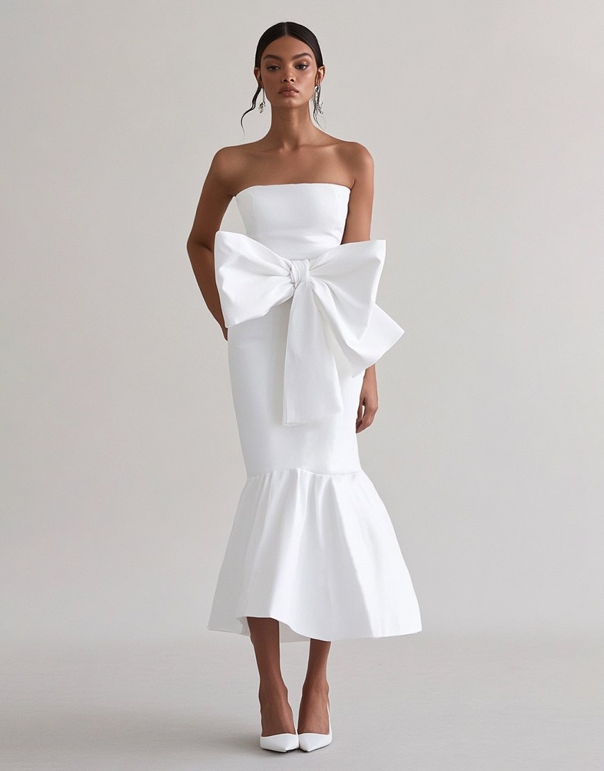 White Sheath Strapless Ruffle Satin Long Graduation Dress with Bow