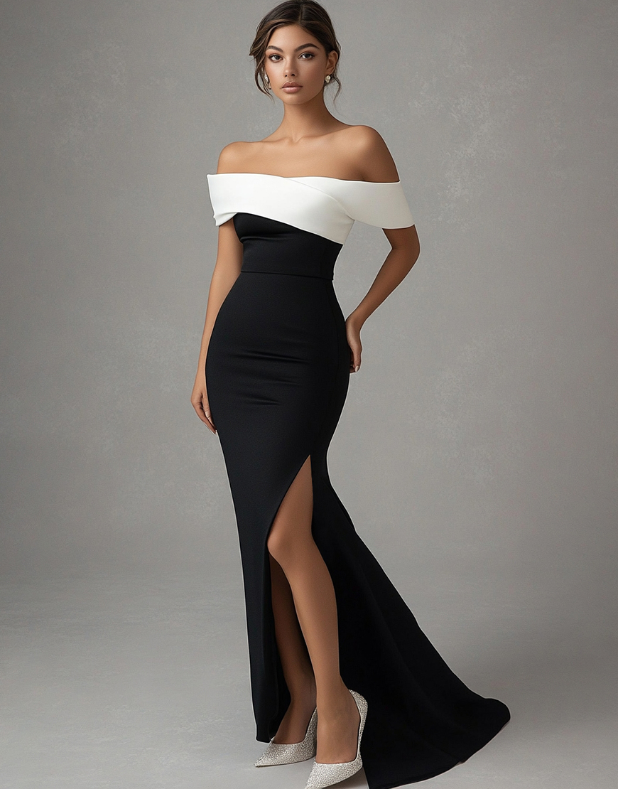 Black White Satin Off the Shoulder Long Black Tie Dress with Slit