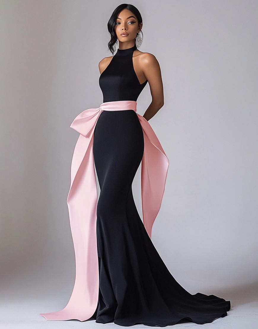 Black Pink Halter Long Black Tie Dress with Streamer