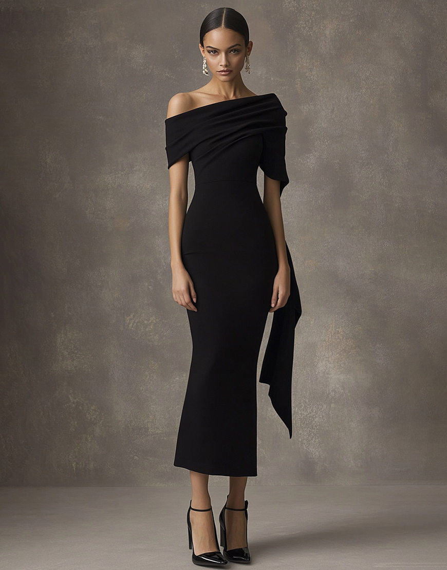 Black Sheath Off the Shoulder Long Black Tie Dress