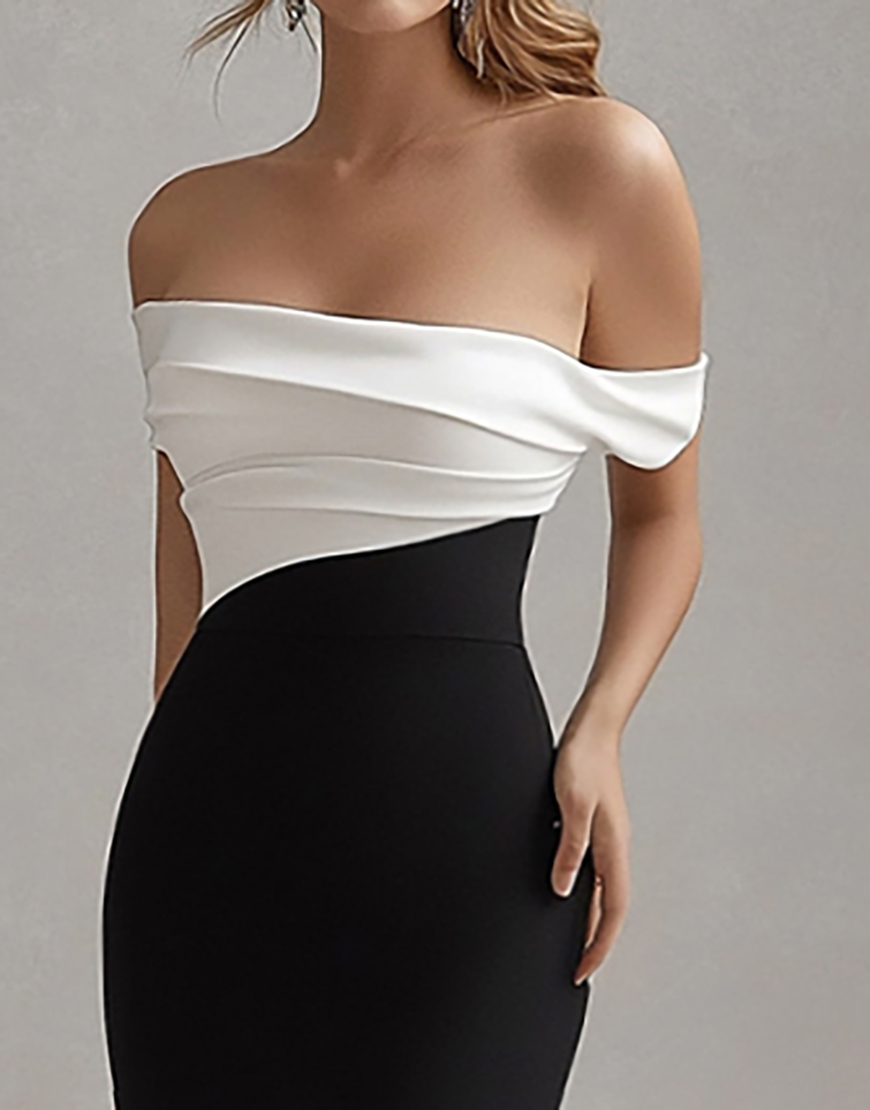 Black White Off the Shoulder Sheath Long Black Tie Dress with Slit