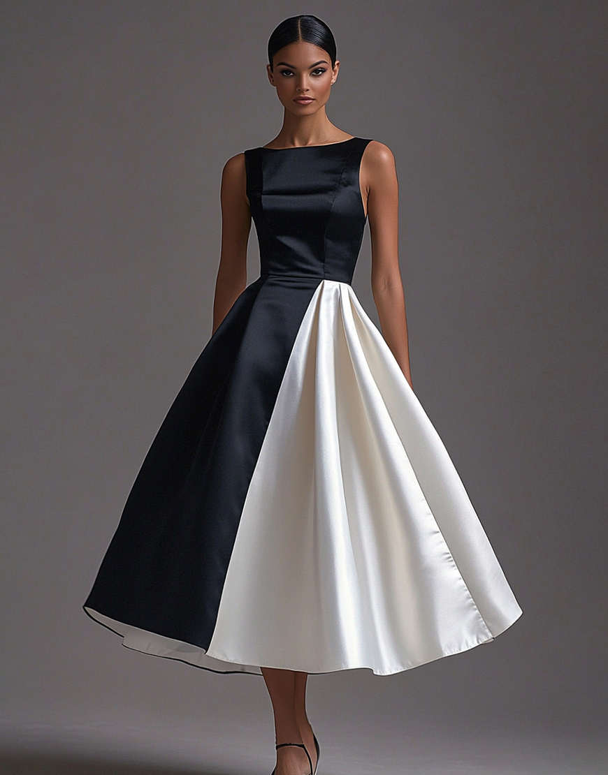 Black White Satin Sleeveless A Line Long Black Tie Dress