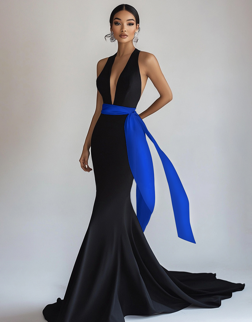 Black Royal Blue Satin Long Deep V-Neck Black Tie Dress