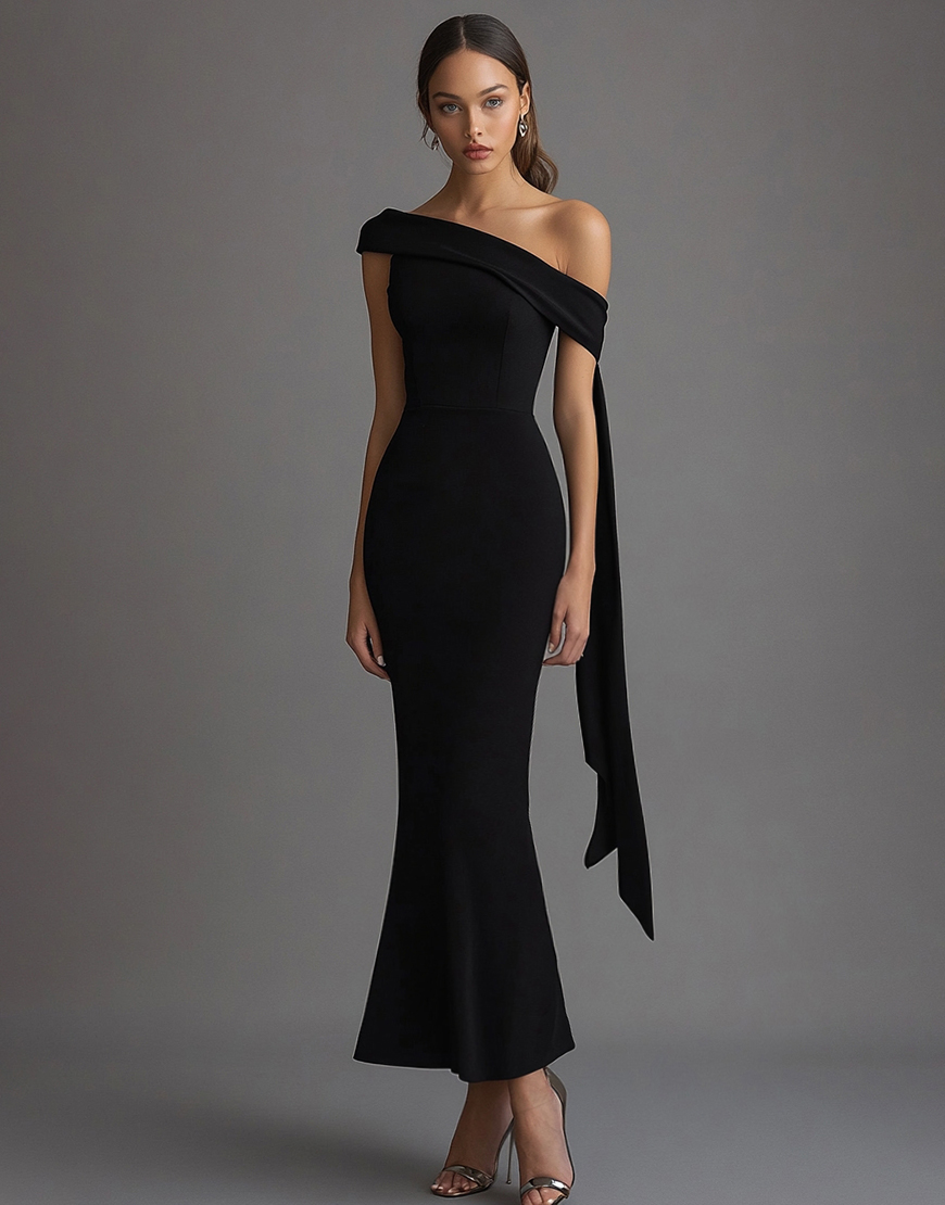 Black Sheath One Shoulder Long Streamer Black Tie Dress