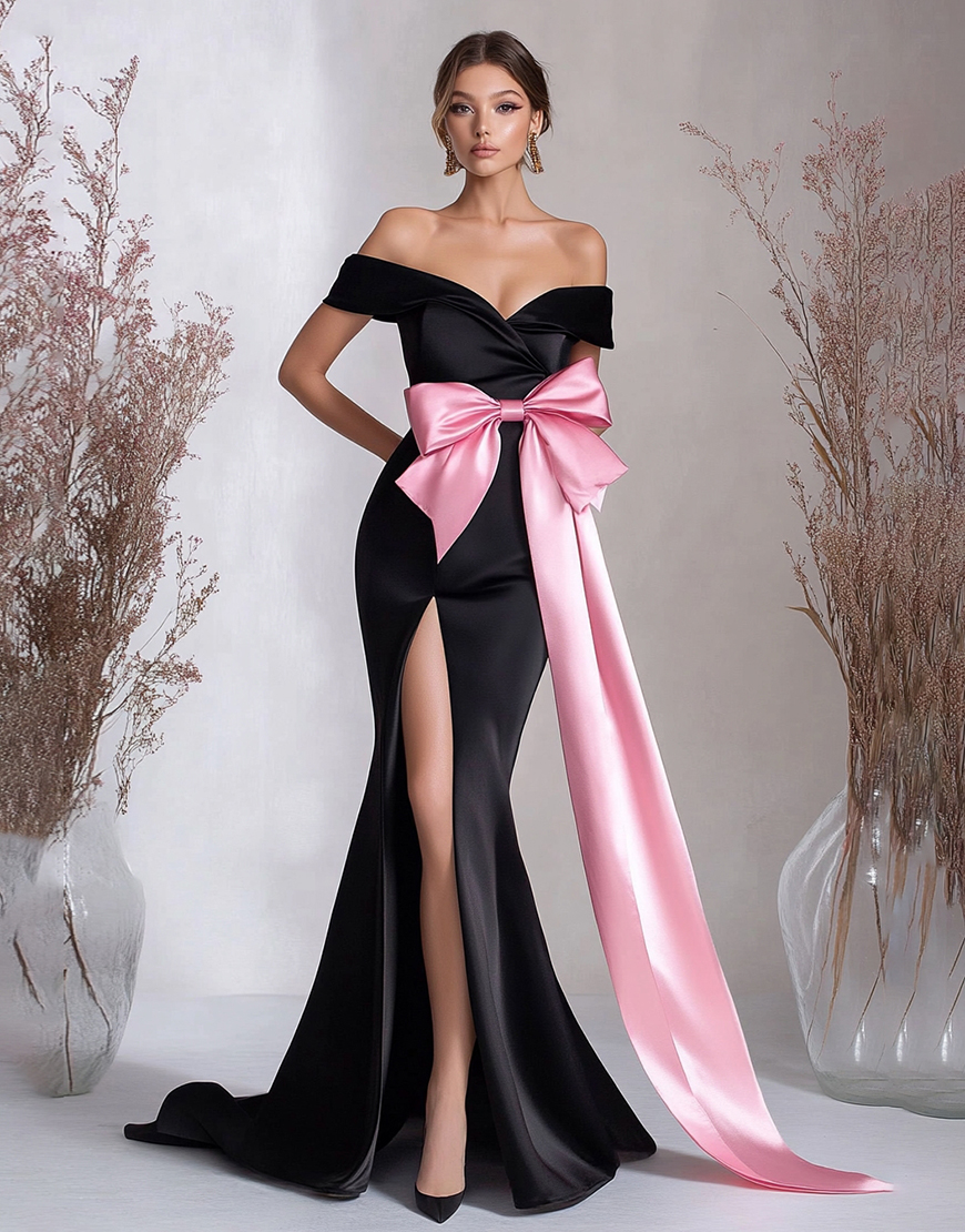 Black Pink Satin Long Bowknot Black Tie Dress with Slit