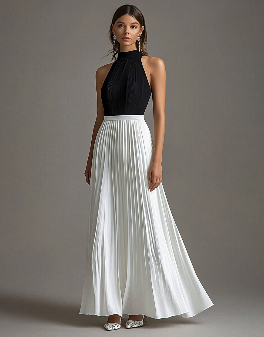 White A Line Halter Neck Long Black Tie Dress with Pleated