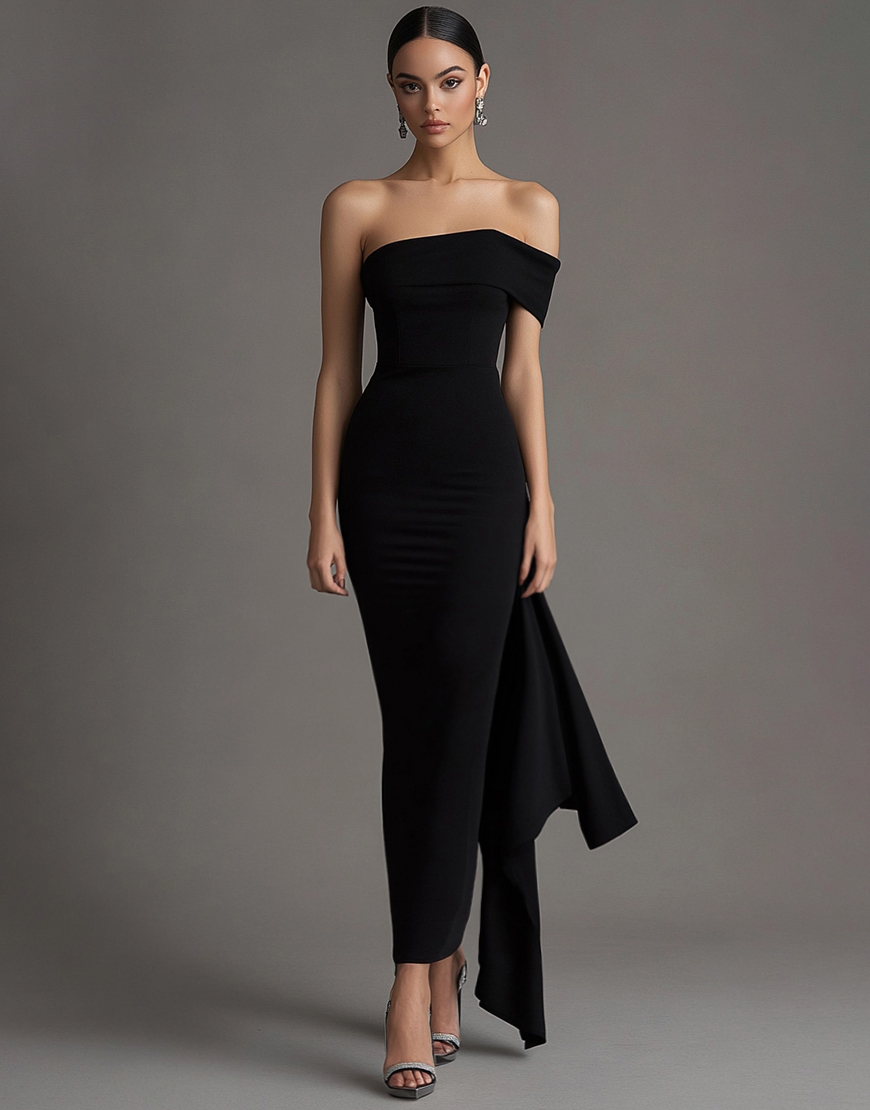 Black One Shoulder Sheath Long Black Tie Dress with Streamer
