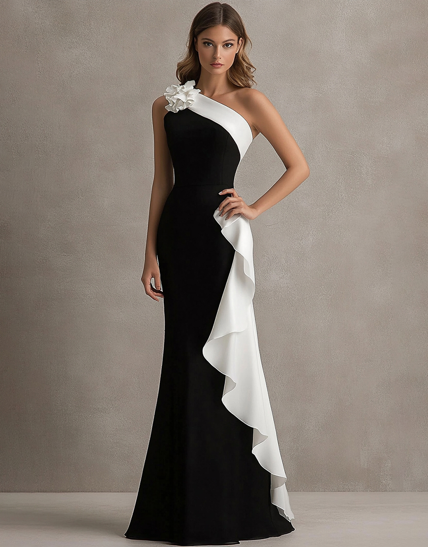 White One Shoulder Long Black Tie Dress with 3D Flowers