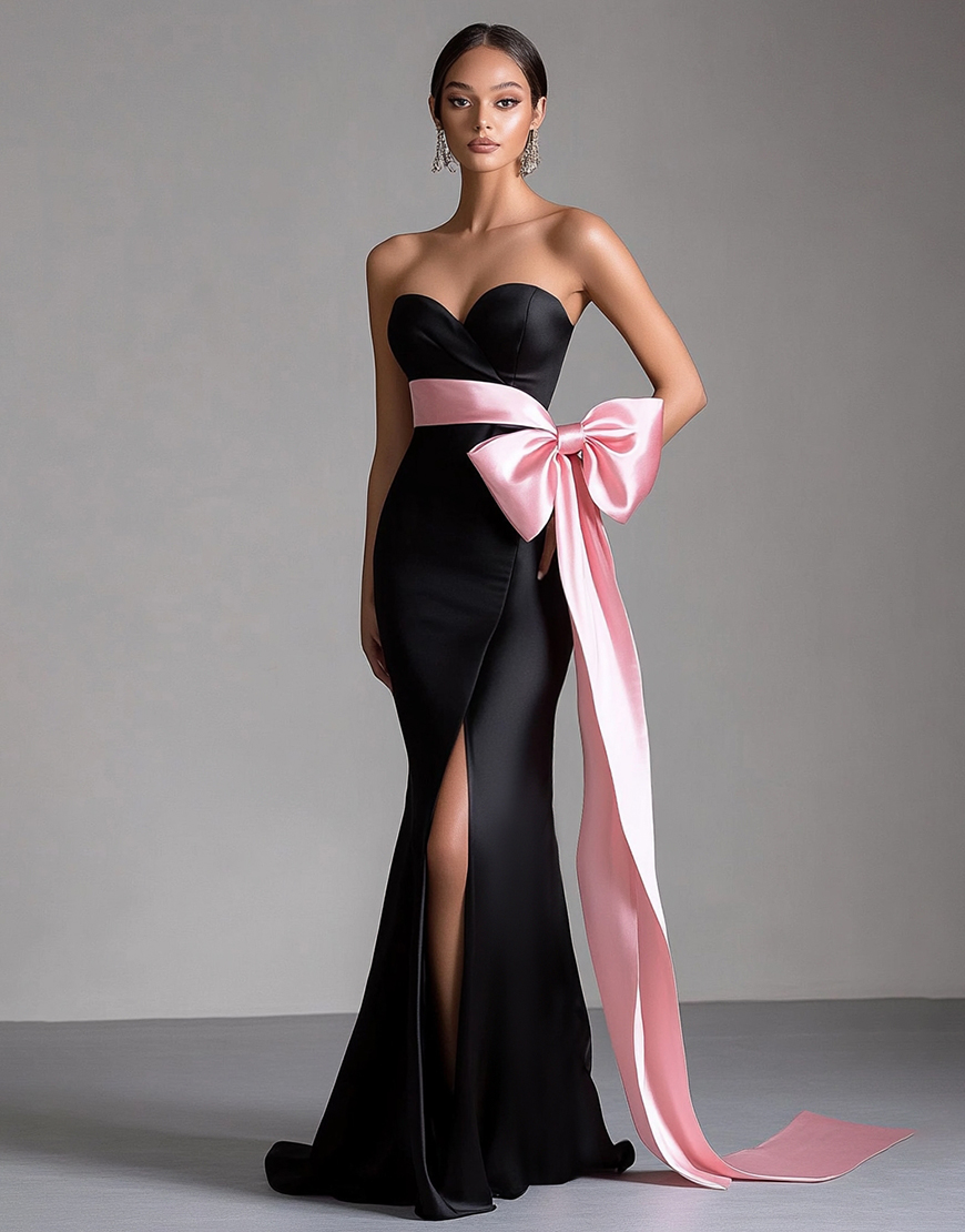 Black Pink Sheath Bowknot Long Black Tie Dress with Slit