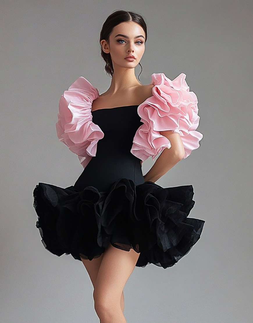 Square Neck Black Pink A Line Short Cocktail Dress