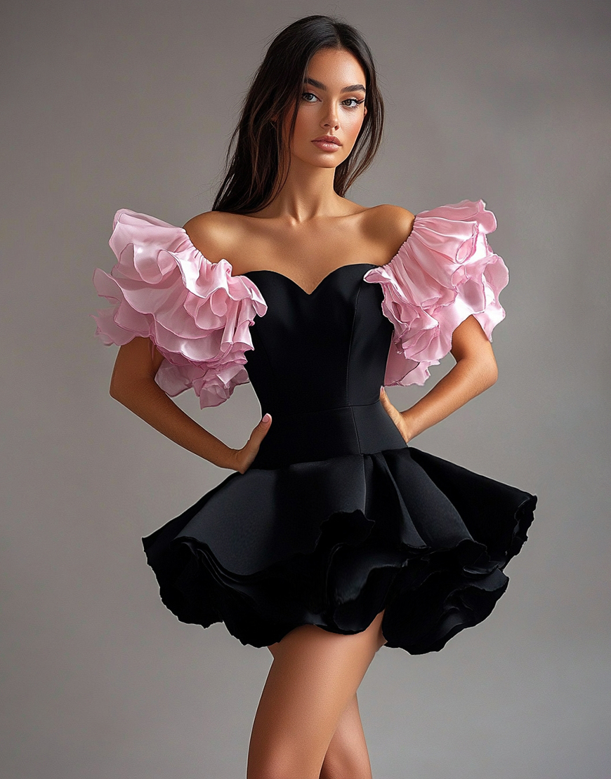 Black Pink Sweetheart A Line Short Cocktail Dress with Ruffles