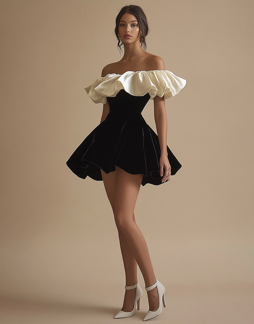 Black Off the Shoulder Ivory Short Cocktail Dress with Ruffles
