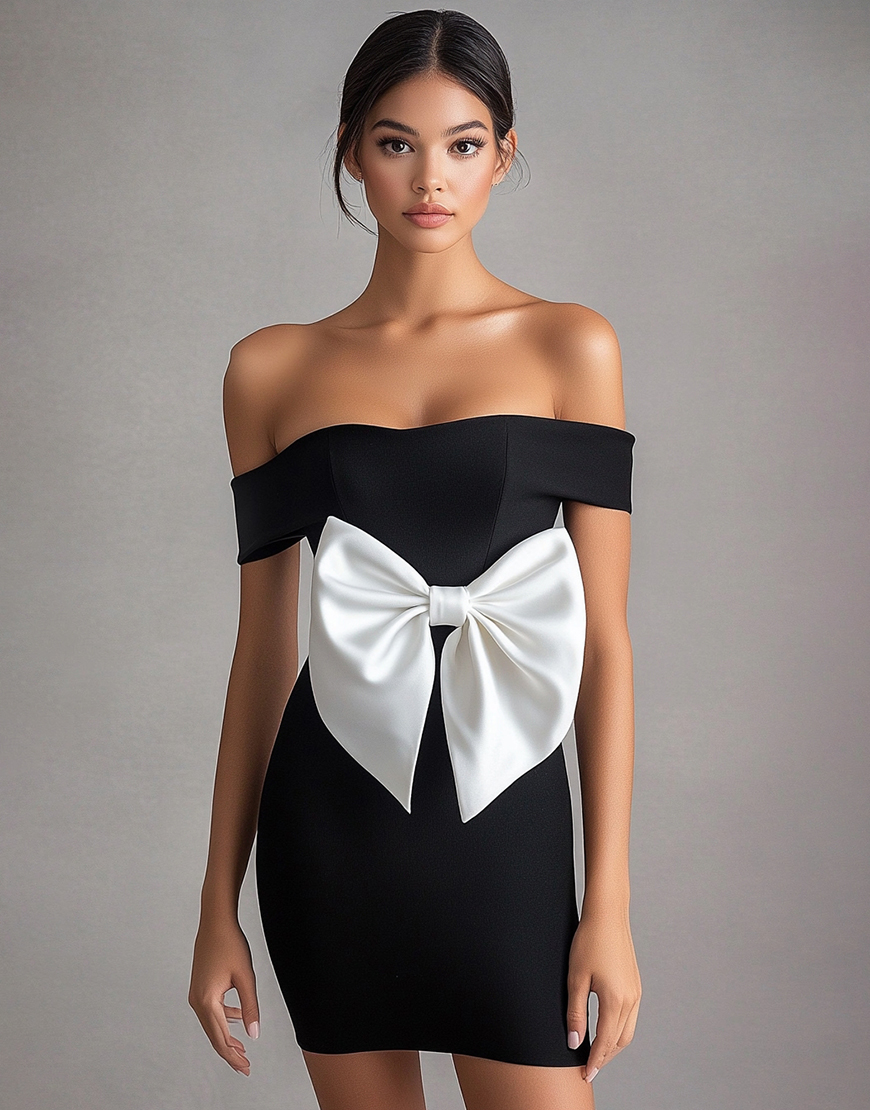 White Satin Off the Shoulder Short Cocktail Dress with Bow