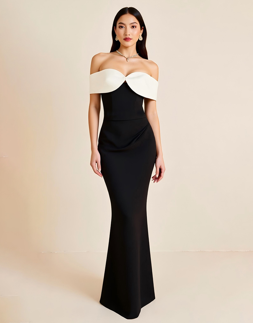 Sheath White Off the Shoulder Long Black Tie Dress